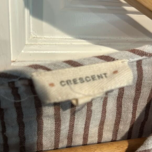 Crescent double gauze, brown and white plaid with striped trim blouse small - Picture 3 of 9